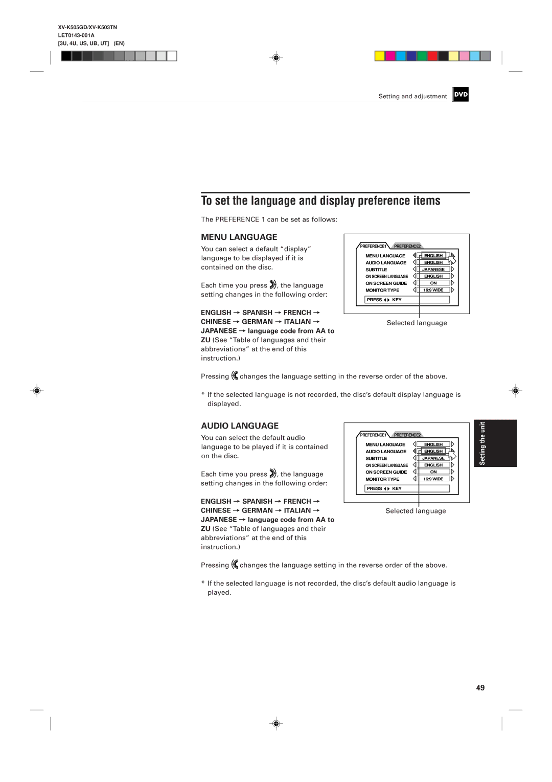 JVC XV-K503TN To set the language and display preference items, Preference 1 can be set as follows, Selected language 