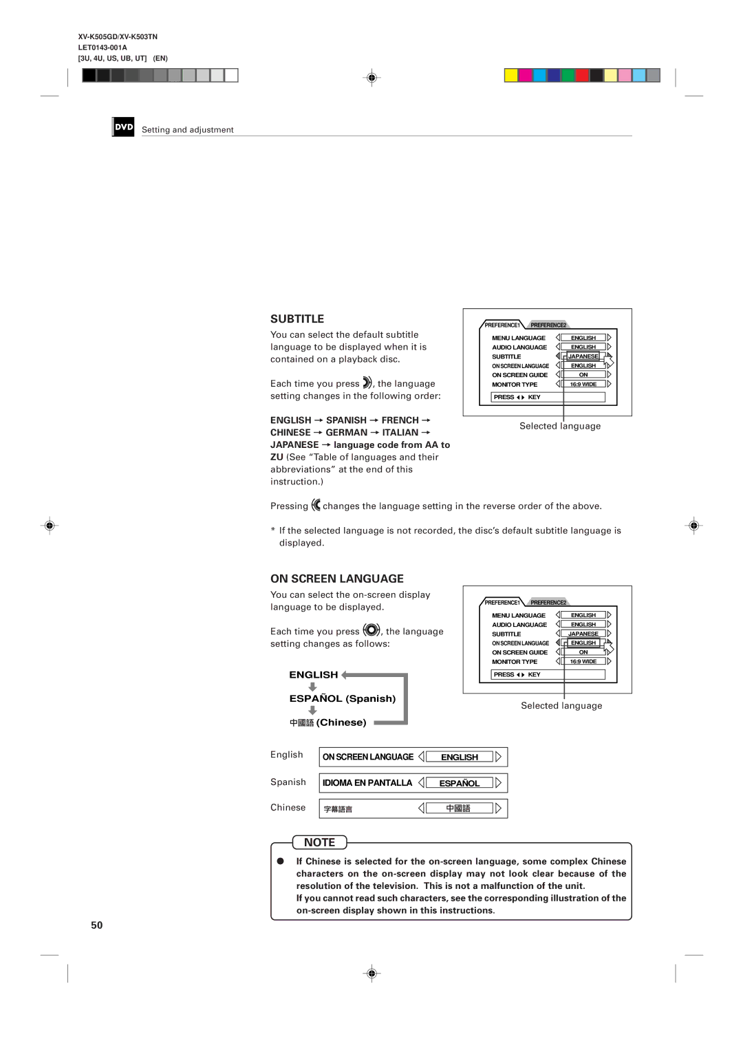 JVC XV-K505GD manual You can select the default subtitle, Language to be displayed when it is, Contained on a playback disc 