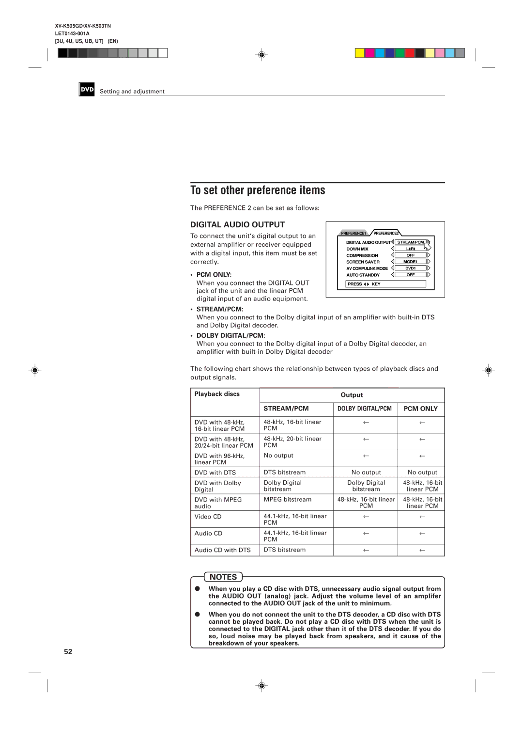 JVC XV-K505GD, XV-K503TN manual To set other preference items, Preference 2 can be set as follows, Playback discs Output 