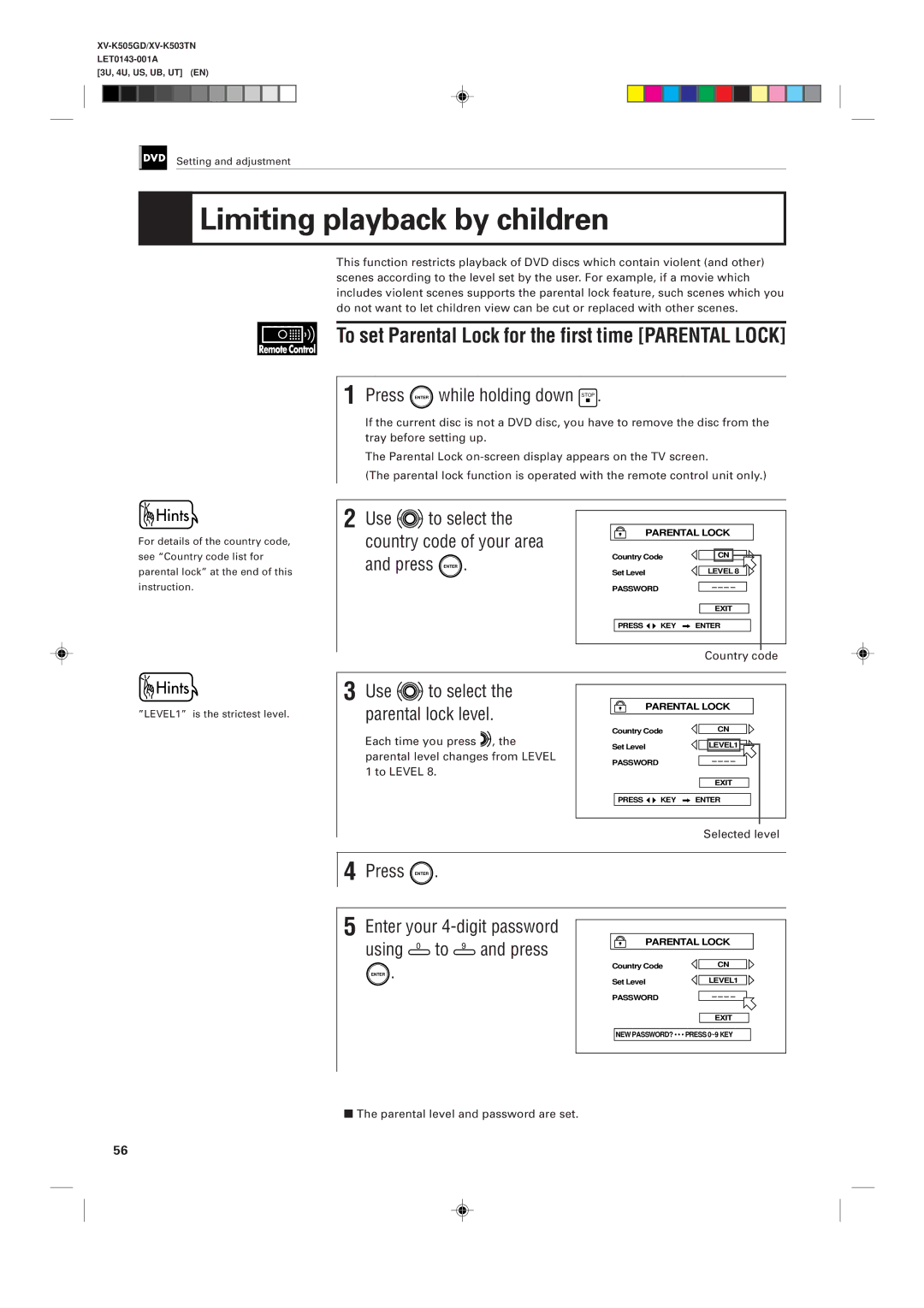 JVC XV-K505GD, XV-K503TN manual Limiting playback by children, To set Parental Lock for the first time Parental Lock 