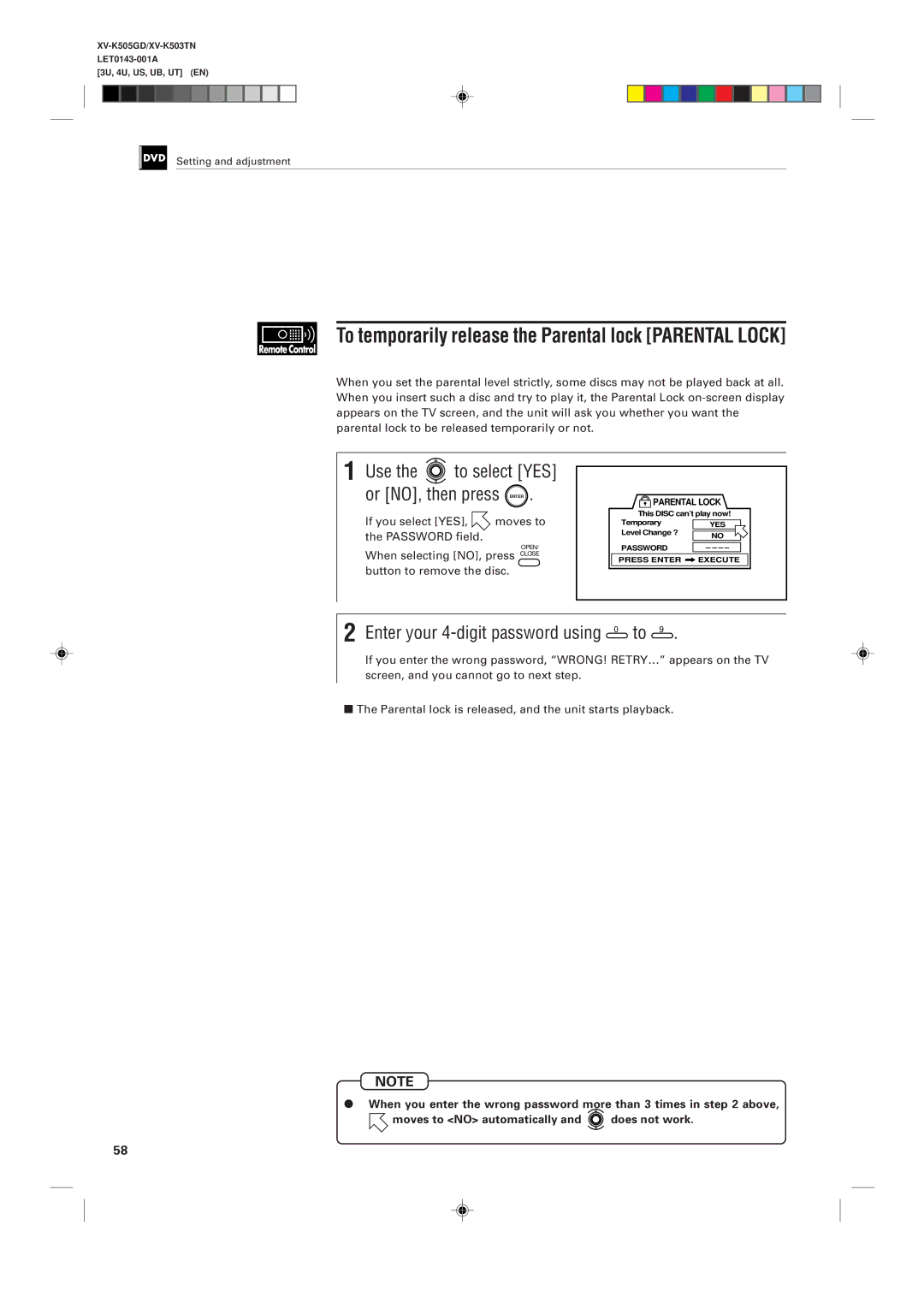 JVC XV-K505GD, XV-K503TN To temporarily release the Parental lock Parental Lock, Enter your 4-digit password using 0 to 