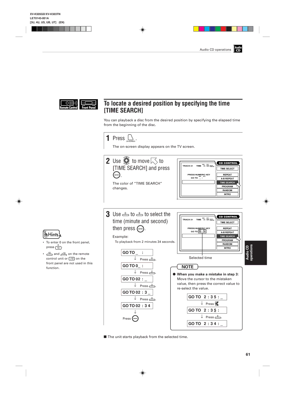 JVC XV-K503TN To locate a desired position by specifying the time, Use to move to Time Search and press, Selected time 