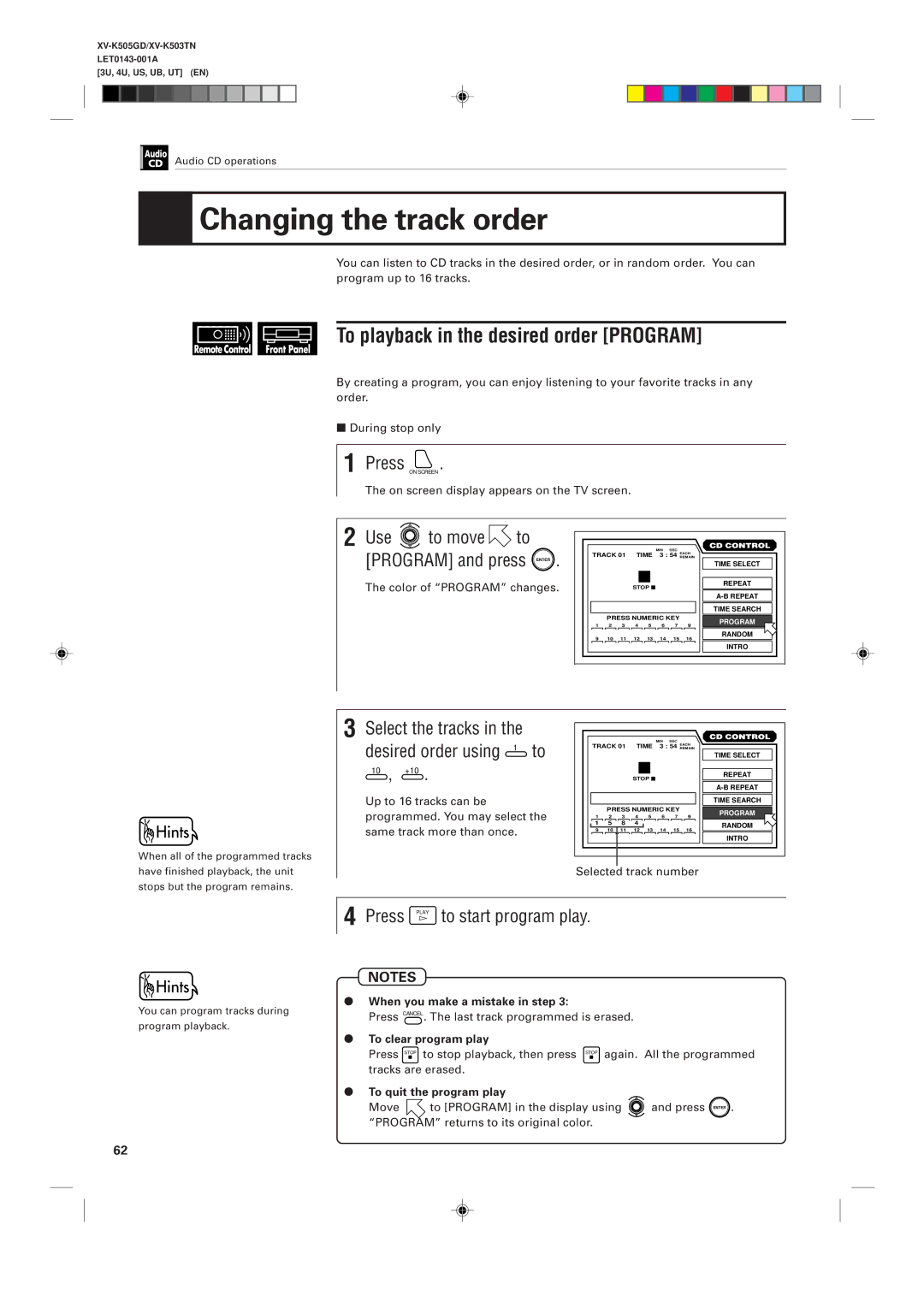 JVC XV-K505GD manual Changing the track order, To playback in the desired order Program, Press Play to start program play 