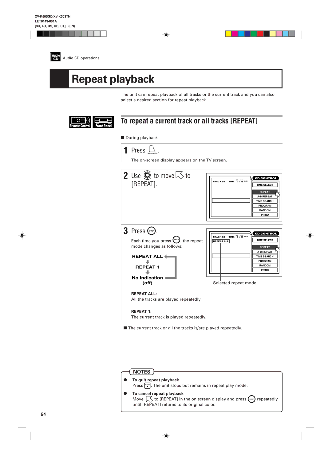 JVC XV-K505GD, XV-K503TN manual To repeat a current track or all tracks Repeat, Use to move to, To quit repeat playback 