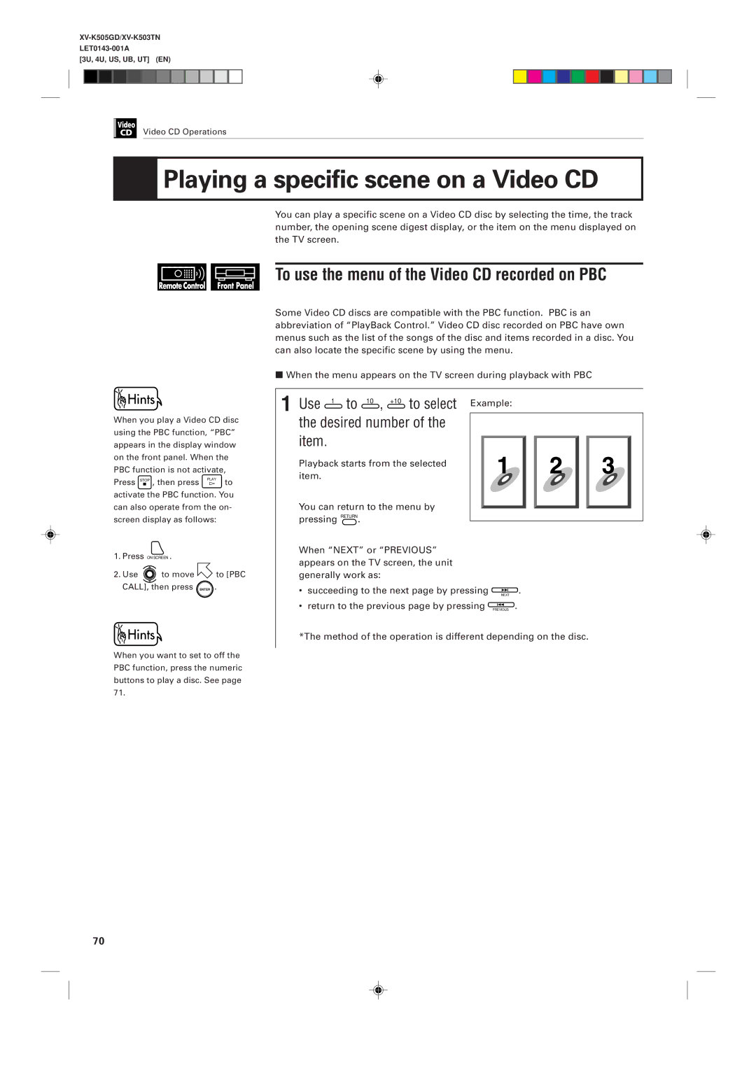 JVC XV-K505GD, XV-K503TN manual Playing a specific scene on a Video CD, To use the menu of the Video CD recorded on PBC, Use 