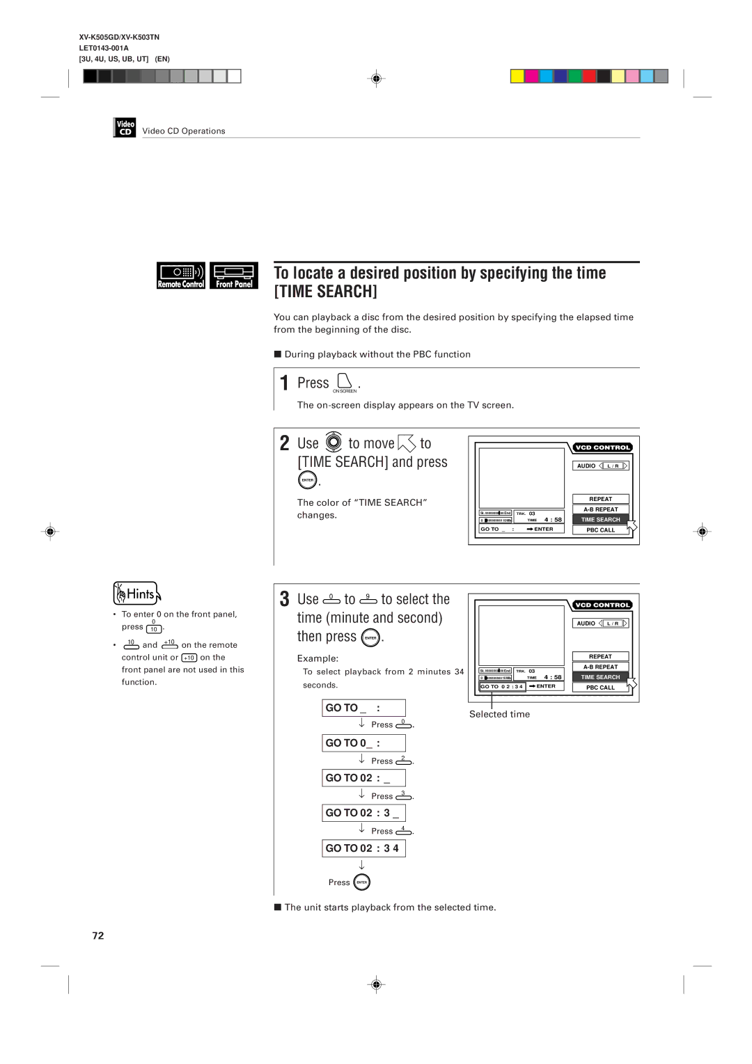 JVC XV-K505GD, XV-K503TN manual Use to move to Time Search and press 