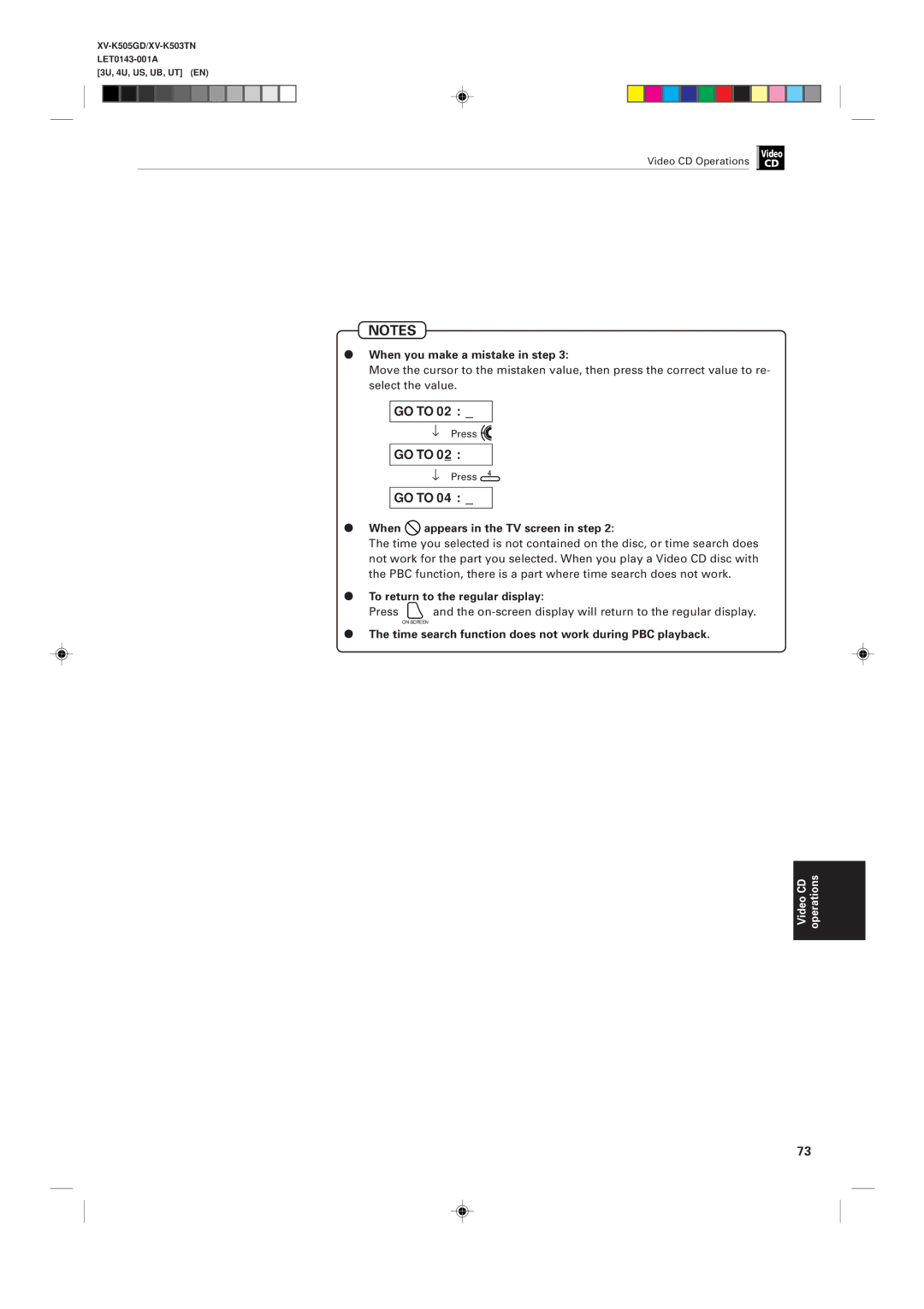 JVC XV-K503TN, XV-K505GD manual When you make a mistake in step, Time search function does not work during PBC playback 