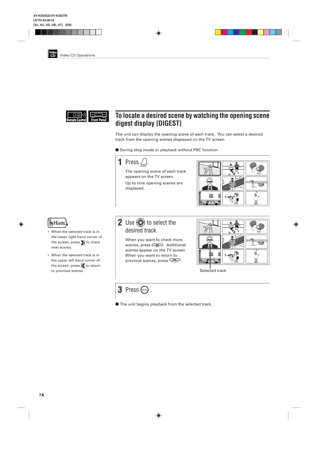 JVC XV-K505GD, XV-K503TN manual Use to select the desired track, When you want to check more Scenes, press . Additional 