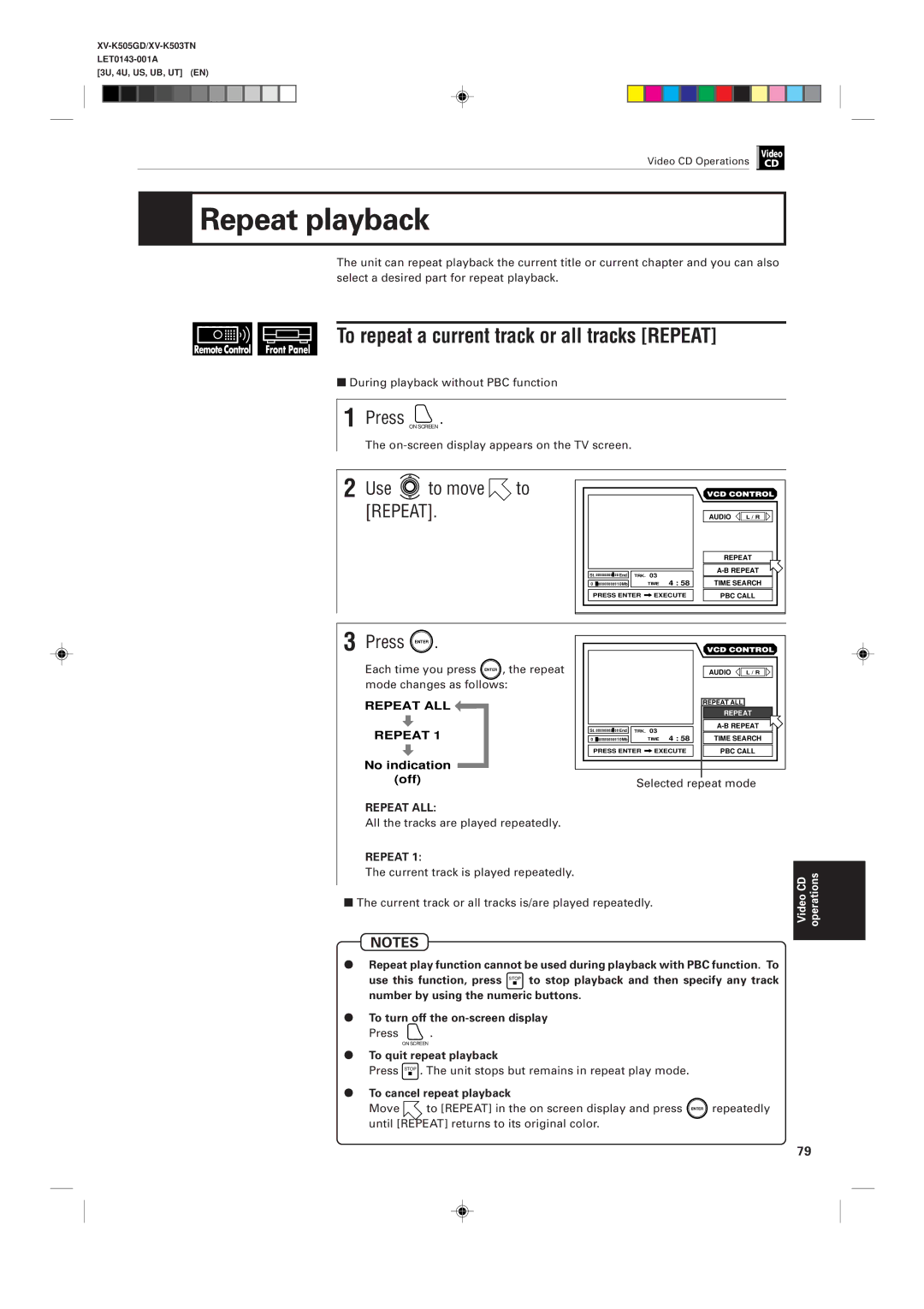 JVC XV-K503TN, XV-K505GD manual Use to move to Repeat, 7During playback without PBC function, Selected repeat mode 