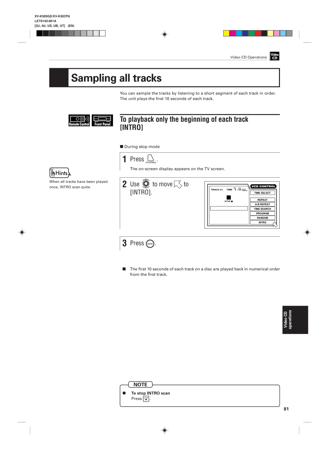 JVC XV-K503TN, XV-K505GD manual Sampling all tracks, To stop Intro scan Press Stop 