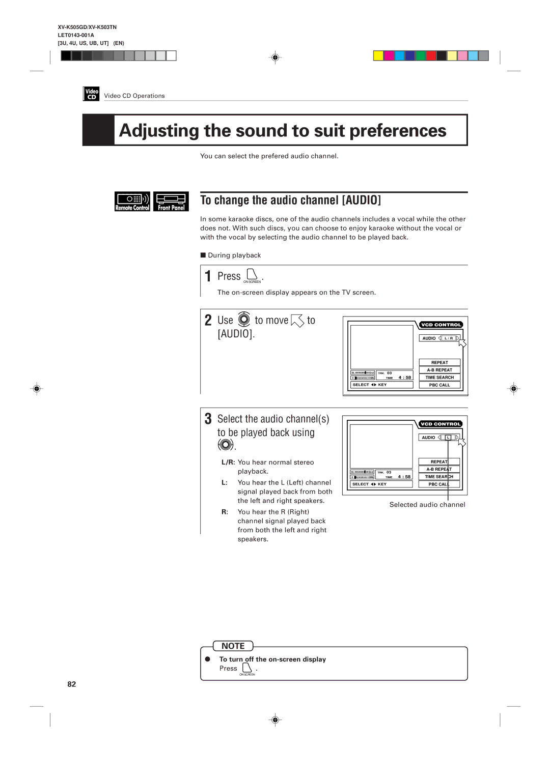 JVC XV-K505GD manual Adjusting the sound to suit preferences, To change the audio channel Audio, Selected audio channel 