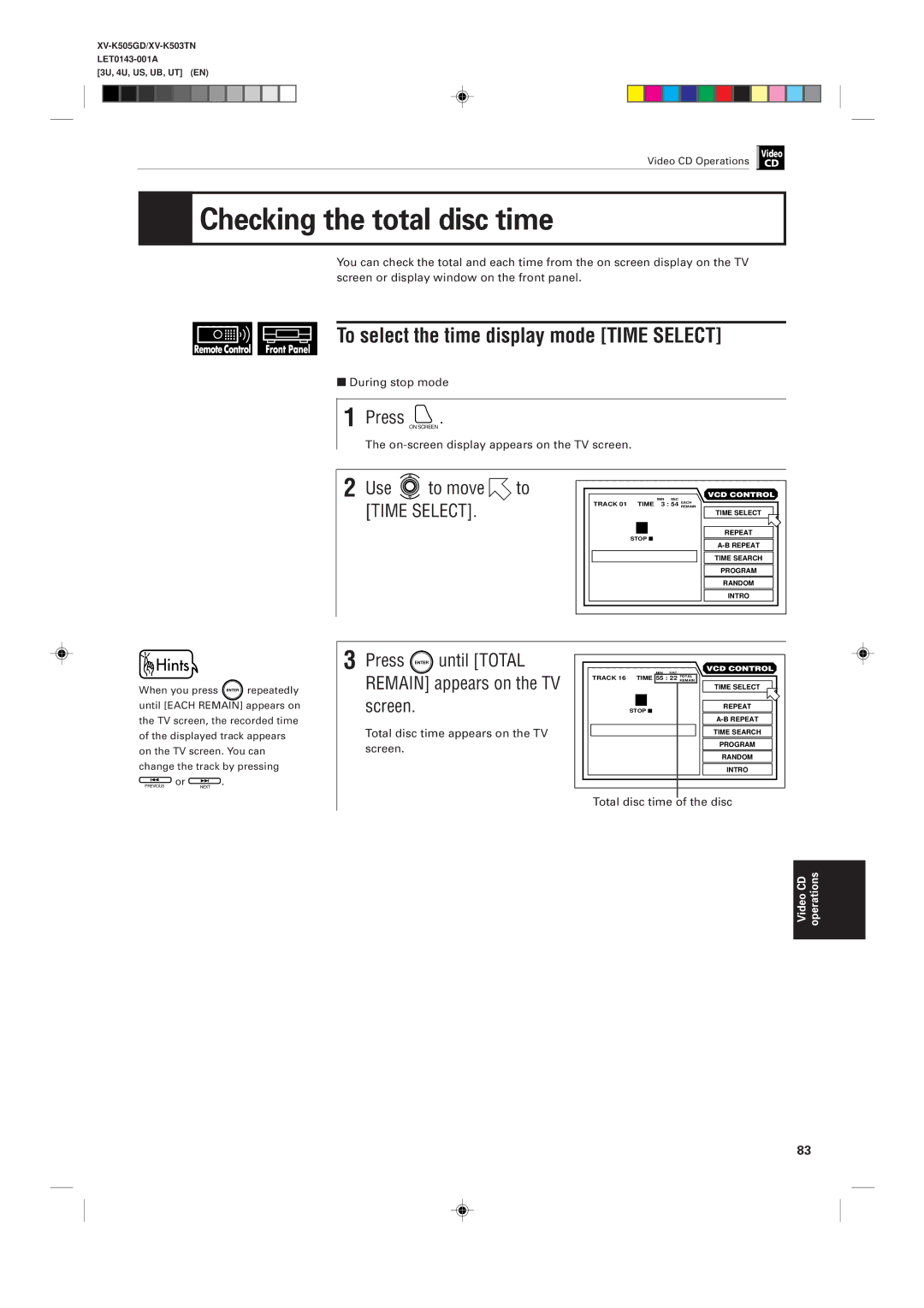 JVC XV-K503TN manual Checking the total disc time, Use to move to Time Select, Total disc time appears on the TV screen 