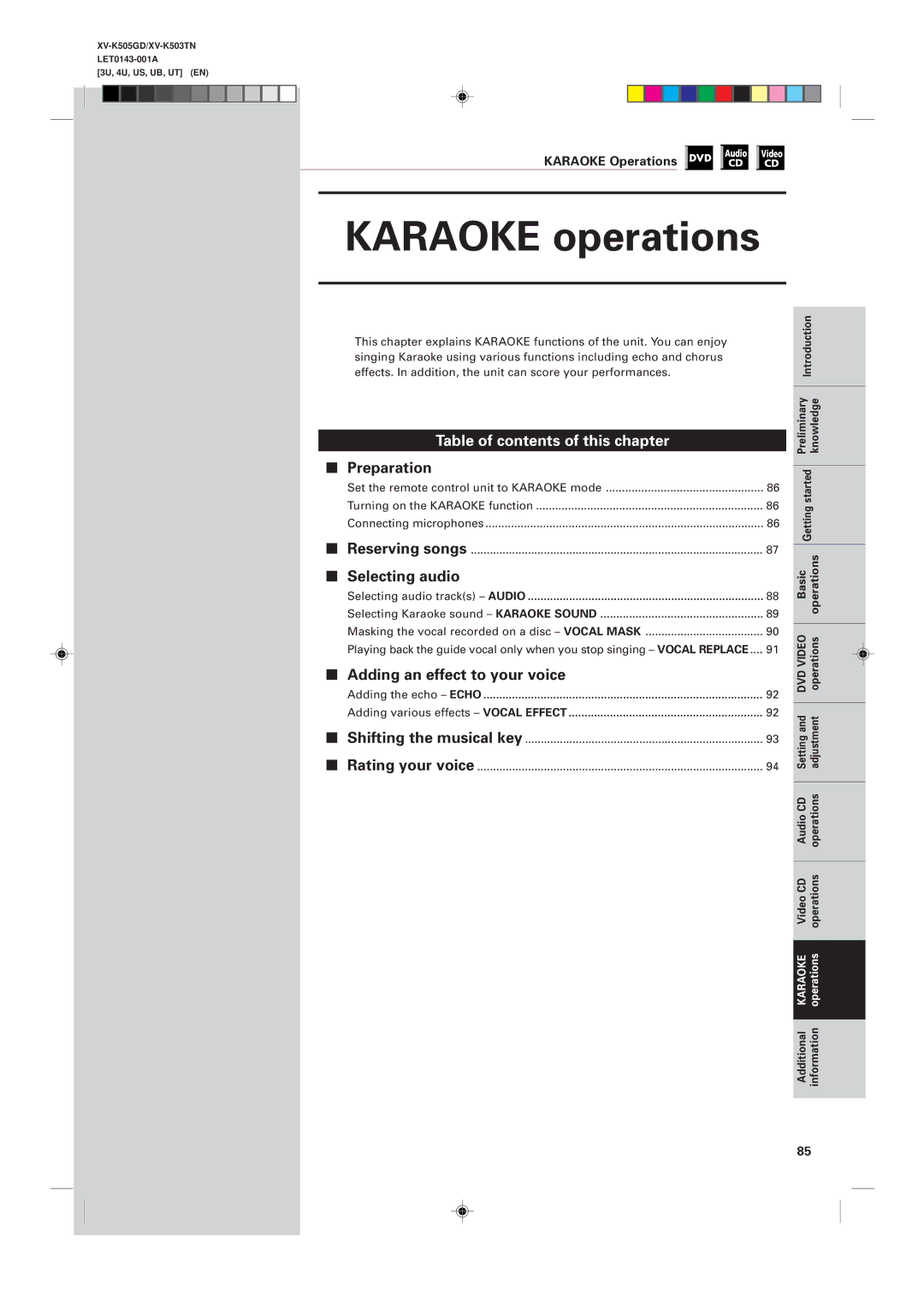 JVC XV-K503TN Preparation, Selecting audio, Adding an effect to your voice, Shifting the musical key Rating your voice 