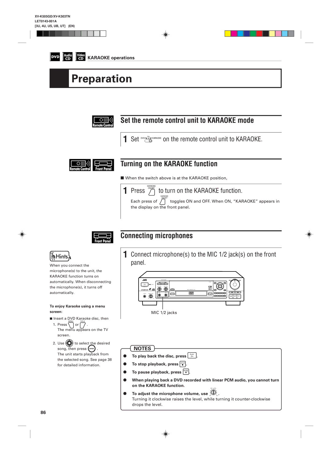 JVC XV-K505GD, XV-K503TN manual Preparation, Set the remote control unit to Karaoke mode, Turning on the Karaoke function 