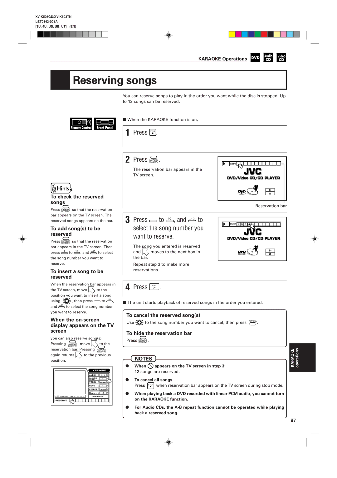 JVC XV-K503TN, XV-K505GD manual Reserving songs, Press Play 