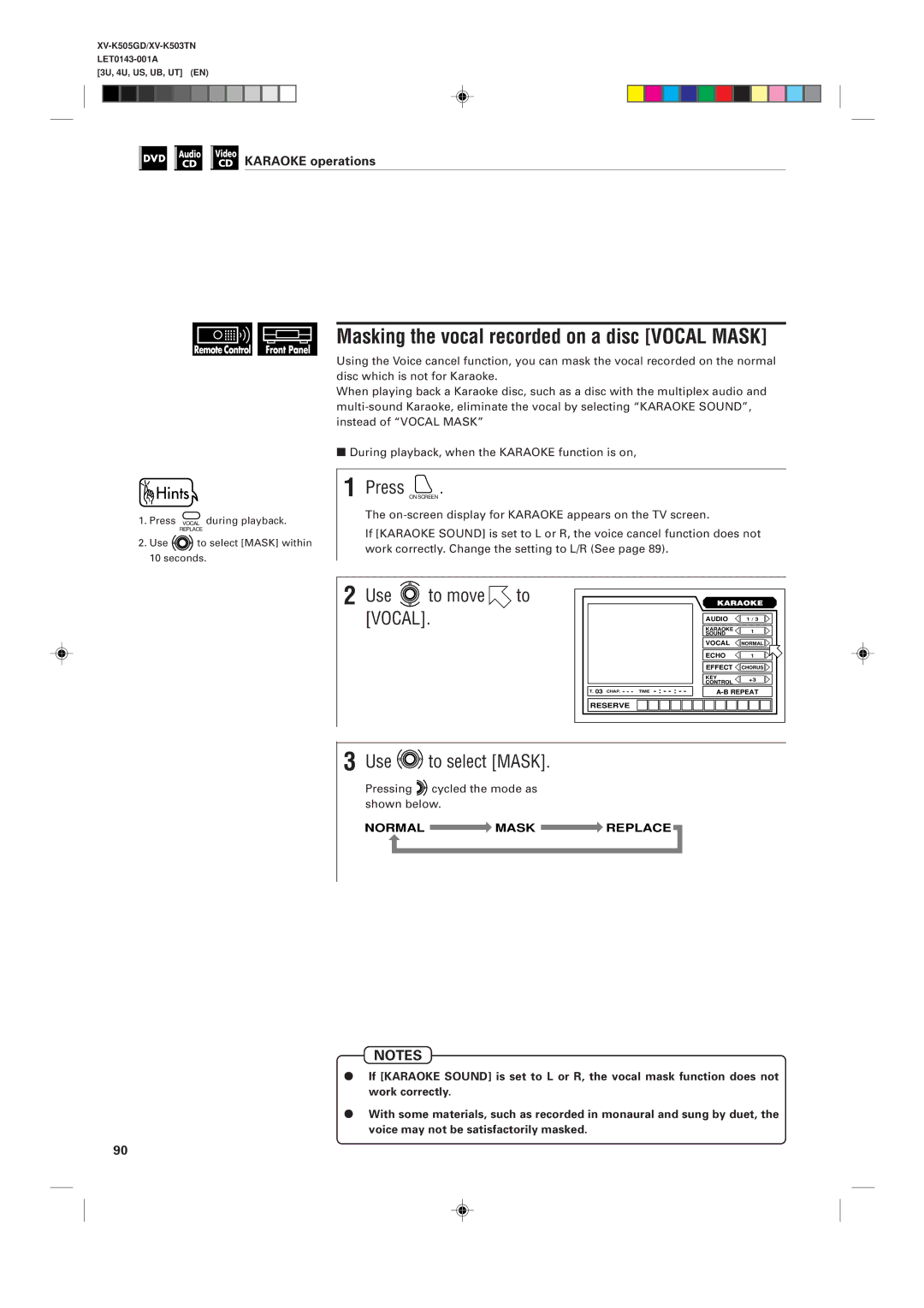 JVC XV-K505GD, XV-K503TN manual Masking the vocal recorded on a disc Vocal Mask, Use to move to Vocal, Use to select Mask 
