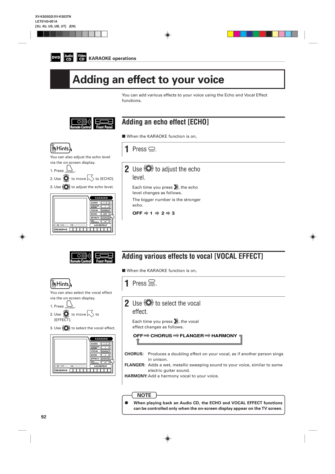 JVC XV-K505GD Adding an effect to your voice, Adding an echo effect Echo, Adding various effects to vocal Vocal Effect 