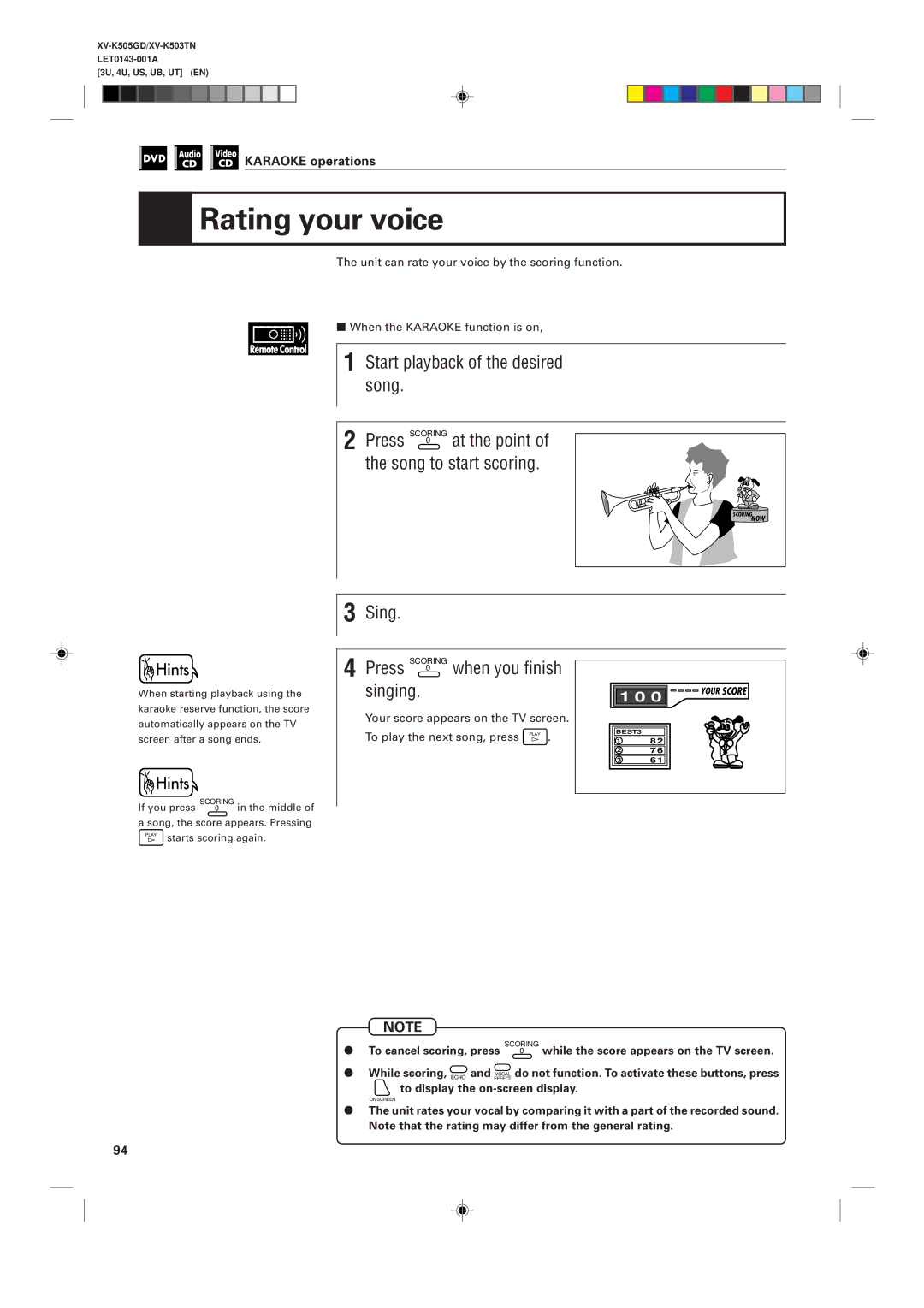 JVC XV-K505GD, XV-K503TN manual Rating your voice, Start playback of the desired song, Sing, Press 0 when you finish singing 