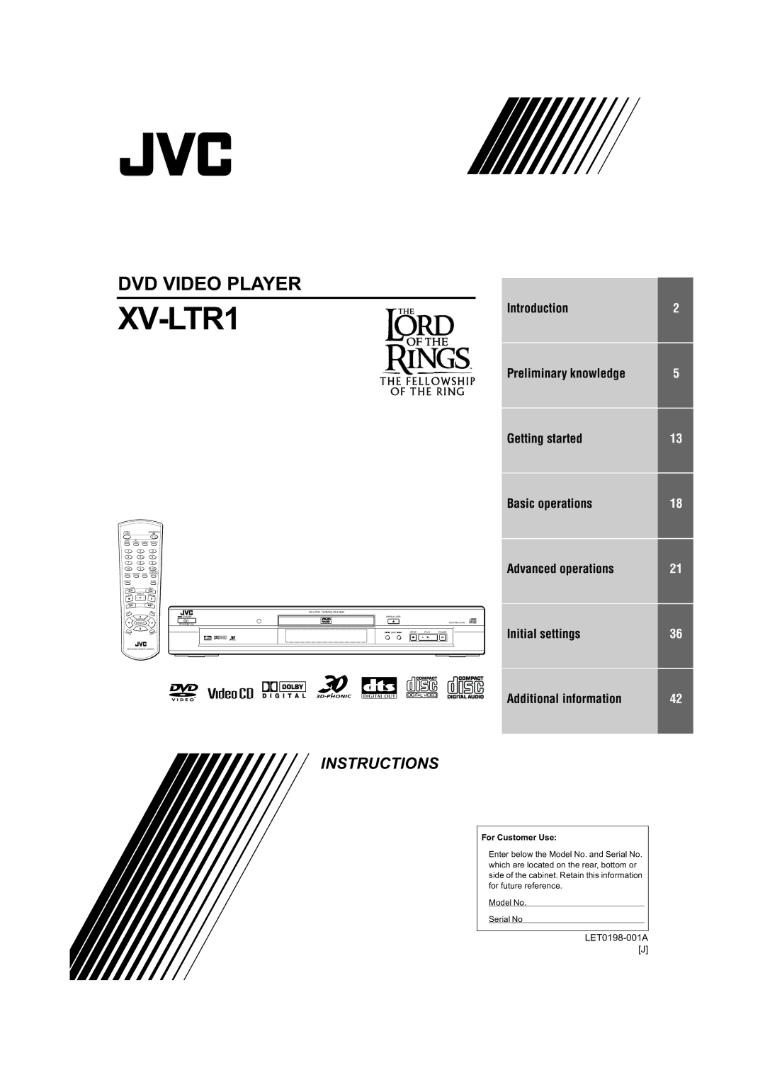 JVC XV-LTR1 manual Advanced operations Initial settings, Additional information 