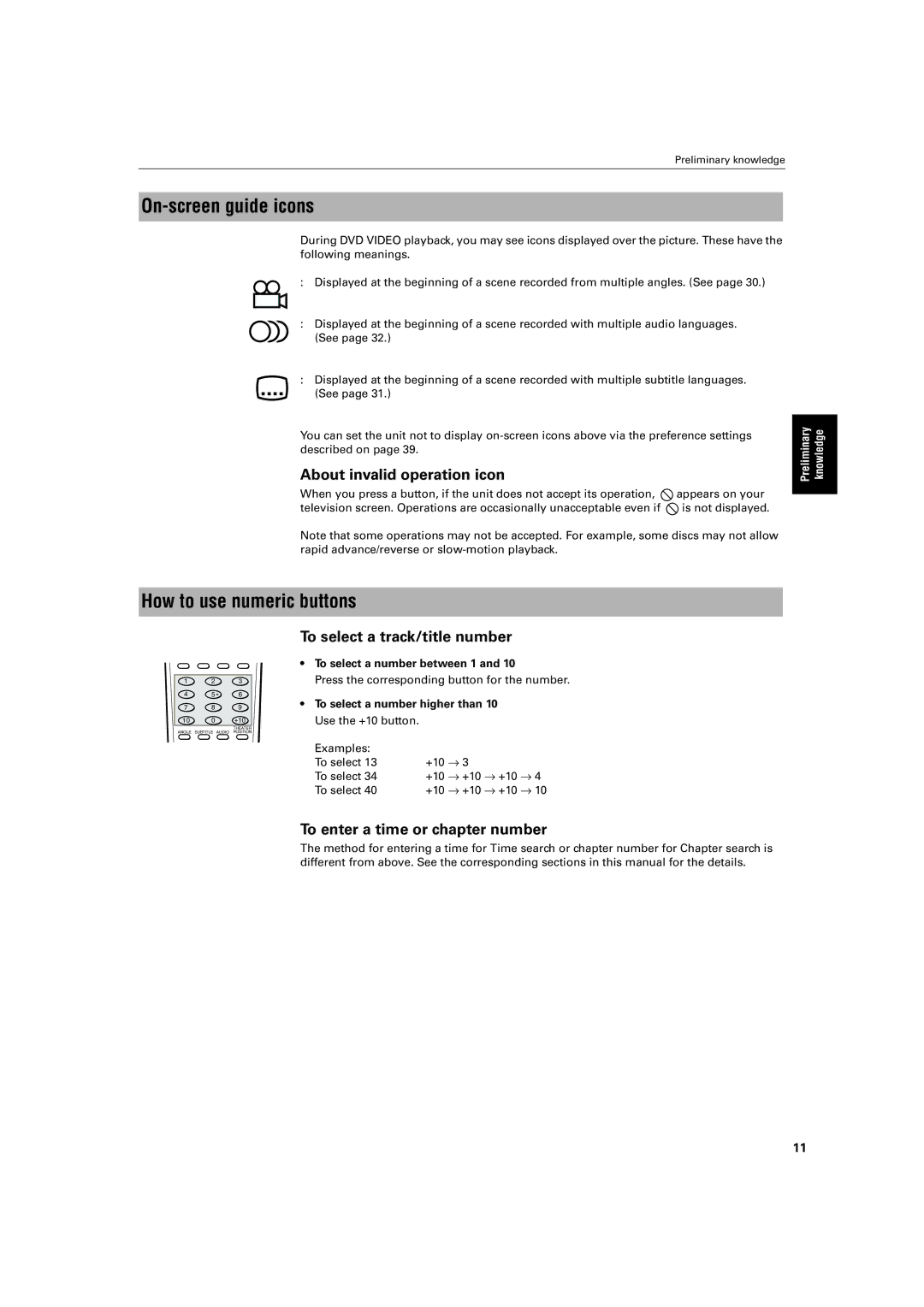 JVC XV-LTR1 manual On-screen guide icons, How to use numeric buttons, About invalid operation icon 