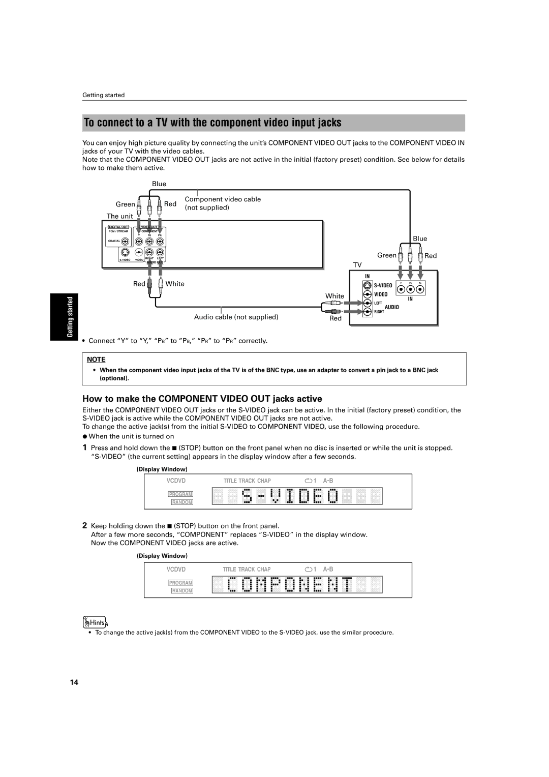 JVC XV-LTR1 To connect to a TV with the component video input jacks, How to make the Component Video OUT jacks active 