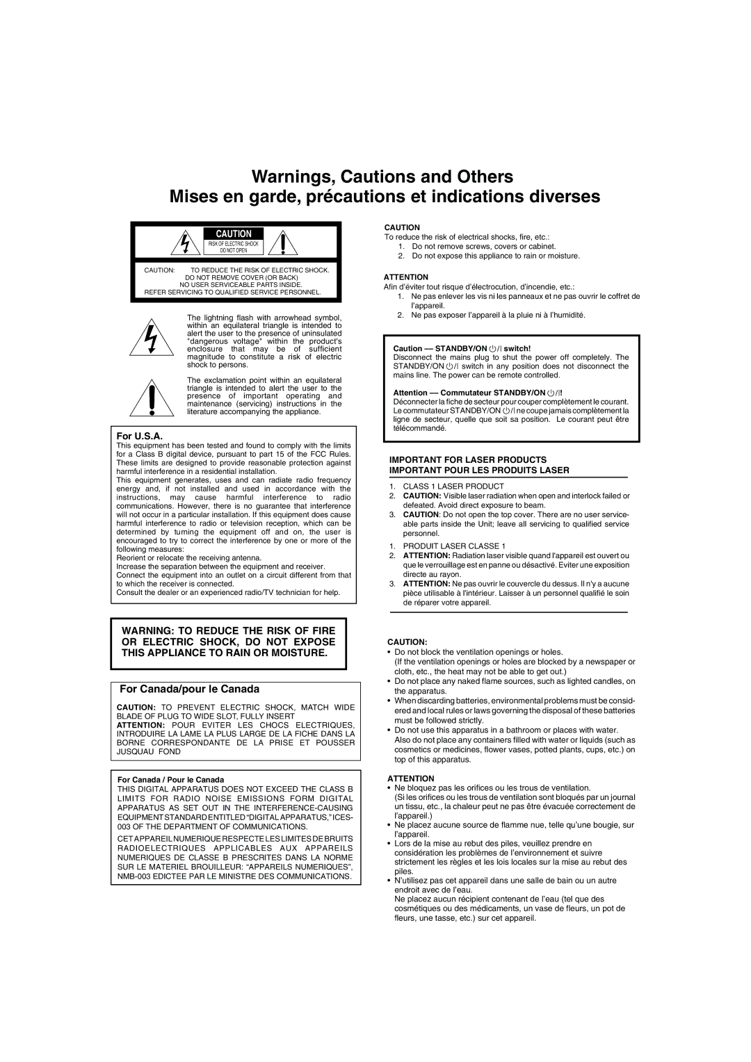 JVC XV-LTR1 manual Mises en garde, précautions et indications diverses, For U.S.A 