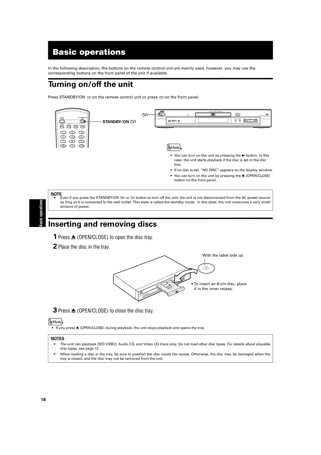 JVC XV-LTR1 manual Basic operations, Turning on/off the unit, Inserting and removing discs 