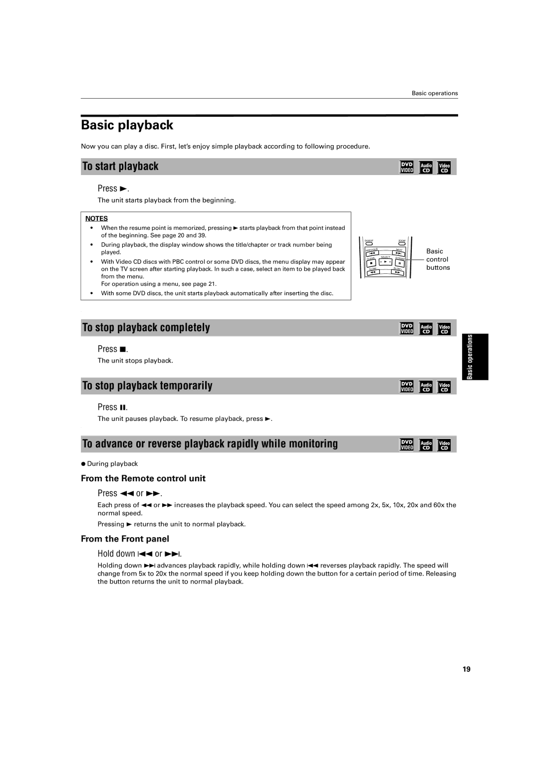 JVC XV-LTR1 manual Basic playback, To start playback, To stop playback completely, To stop playback temporarily 