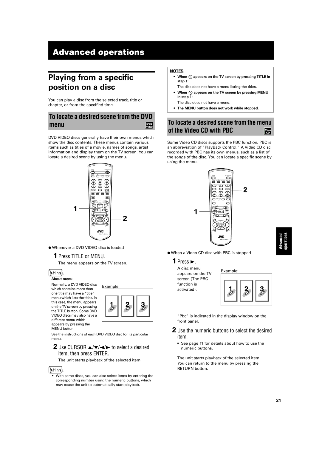 JVC XV-LTR1 manual Advanced operations, To locate a desired scene from the DVD menu, Press Title or Menu, Example 