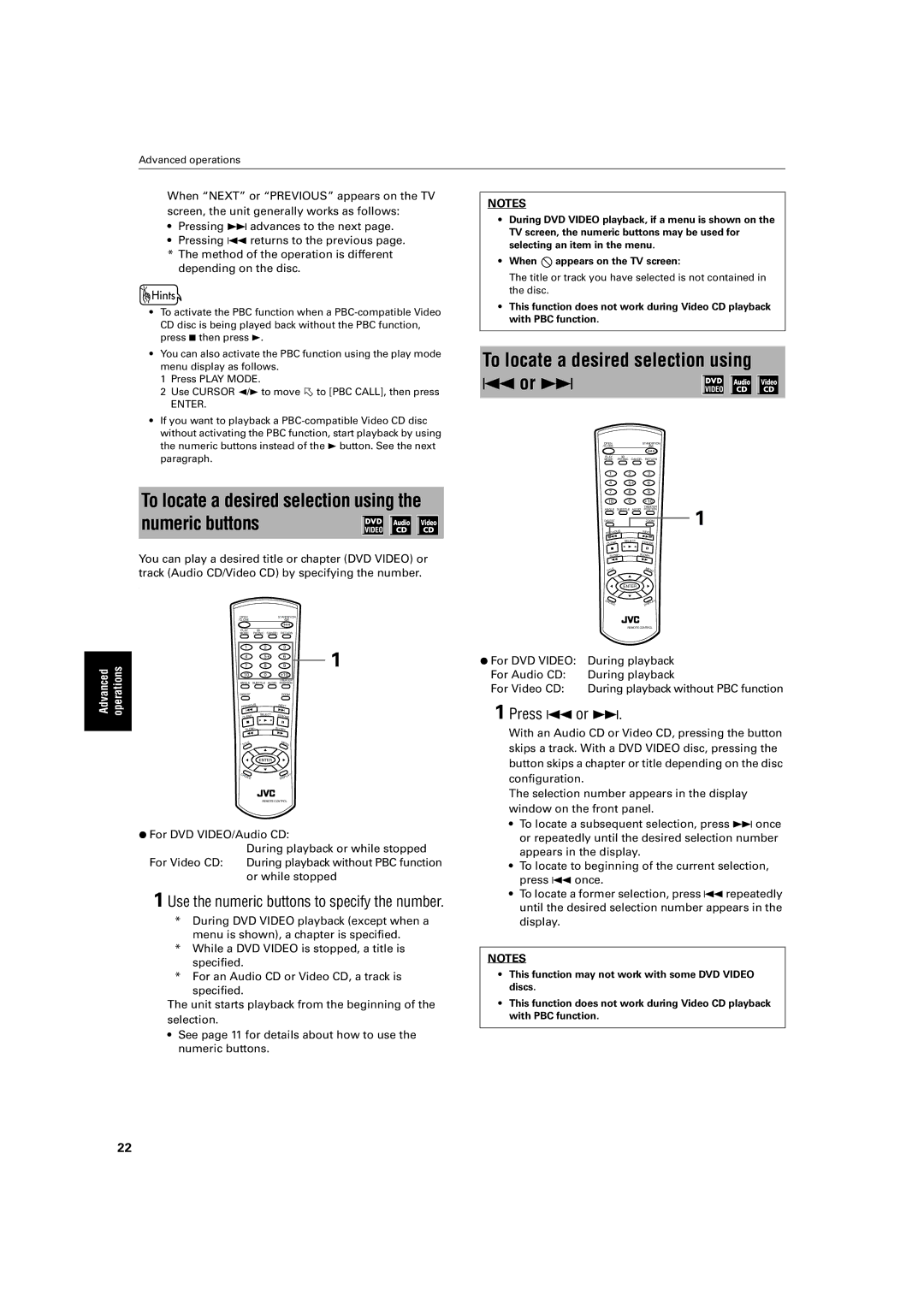 JVC XV-LTR1 manual Use the numeric buttons to specify the number, ¶ For DVD VIDEO/Audio CD During playback or while stopped 