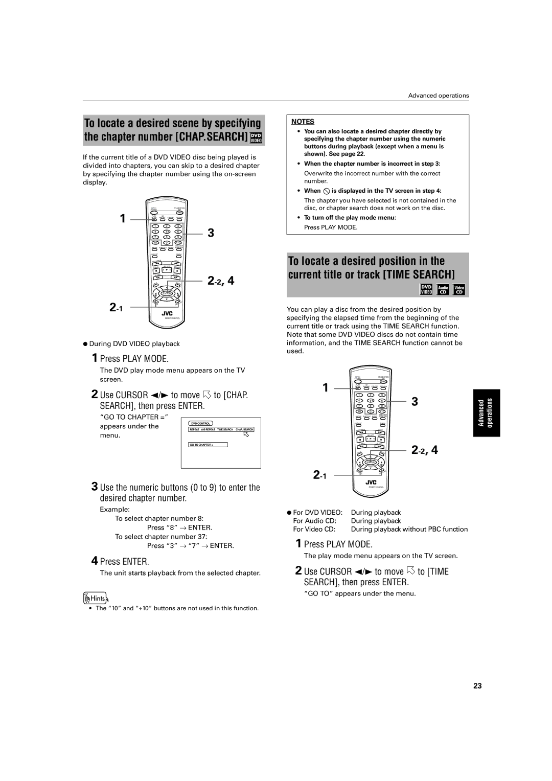 JVC XV-LTR1 manual Press Play Mode, Press Enter, Use Cursor 2/3 to move to Time SEARCH, then press Enter 