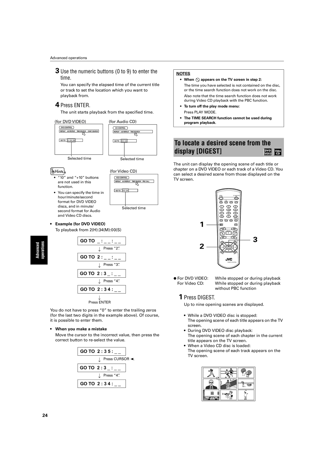 JVC XV-LTR1 manual To locate a desired scene from the display Digest, Use the numeric buttons 0 to 9 to enter the time 