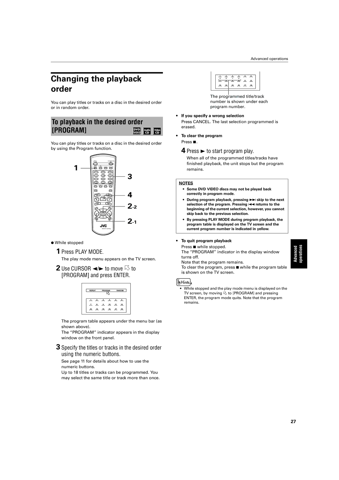 JVC XV-LTR1 manual Changing the playback order, To playback in the desired order Program, Press 3 to start program play 