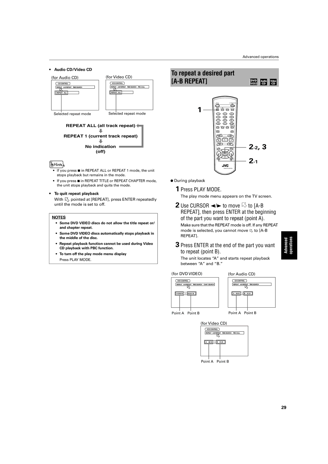 JVC XV-LTR1 manual To repeat a desired part A-B Repeat, Audio CD/Video CD, To quit repeat playback 