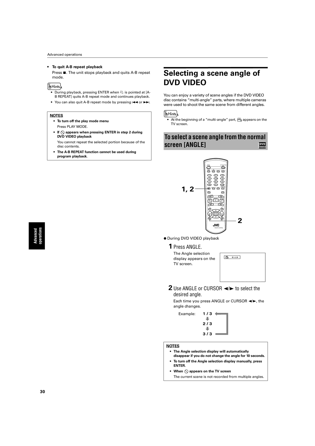 JVC XV-LTR1 manual To select a scene angle from the normal screen Angle, Press Angle, To quit A-B repeat playback 