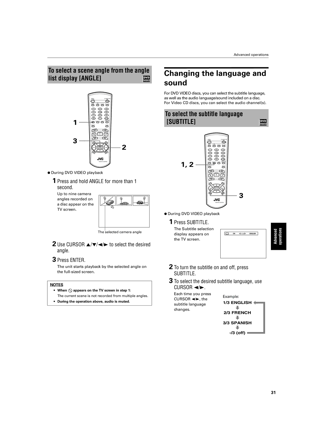 JVC XV-LTR1 manual Changing the language and sound, To select the subtitle language Subtitle 