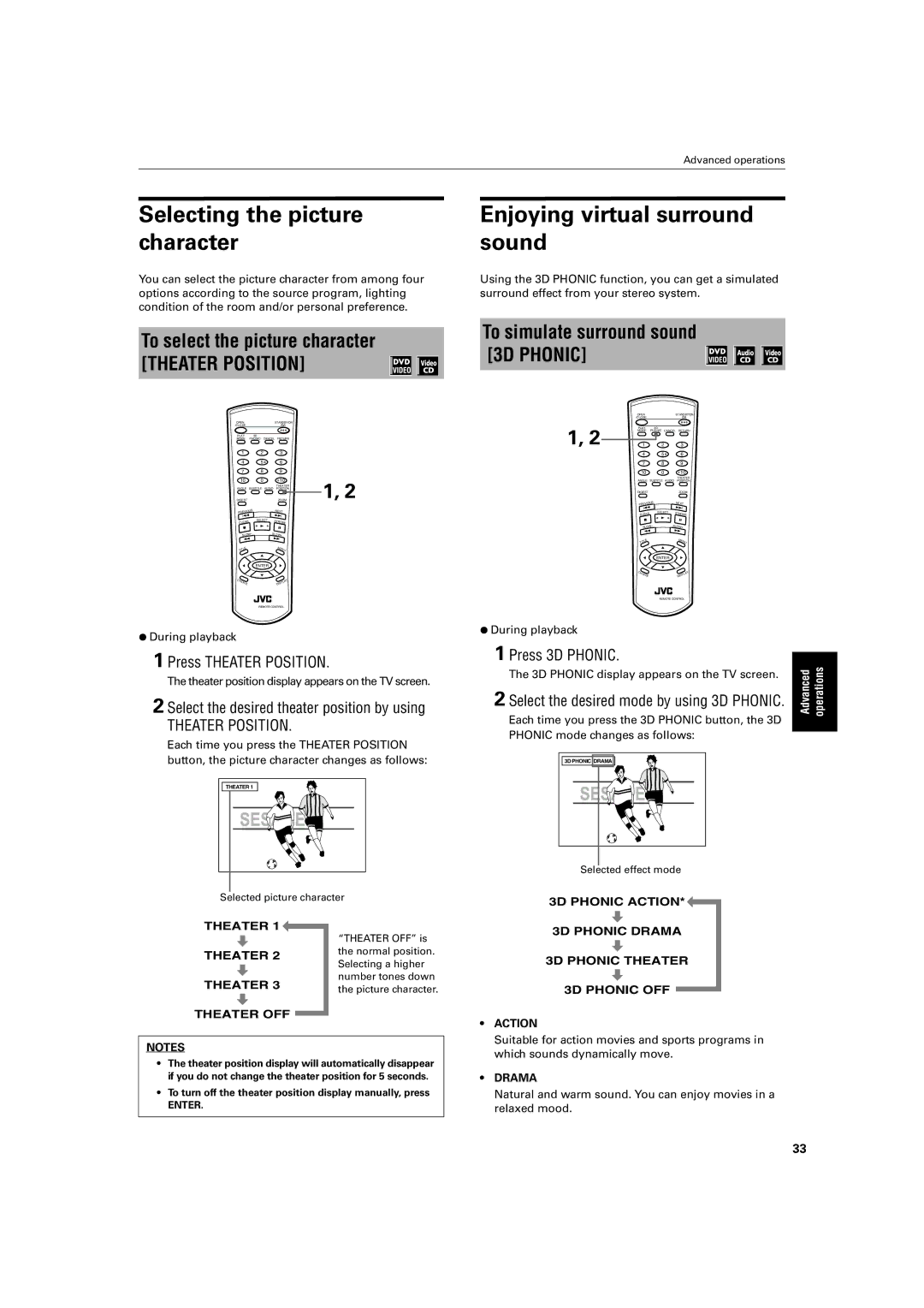 JVC XV-LTR1 manual Selecting the picture character, Enjoying virtual surround sound, To select the picture character 