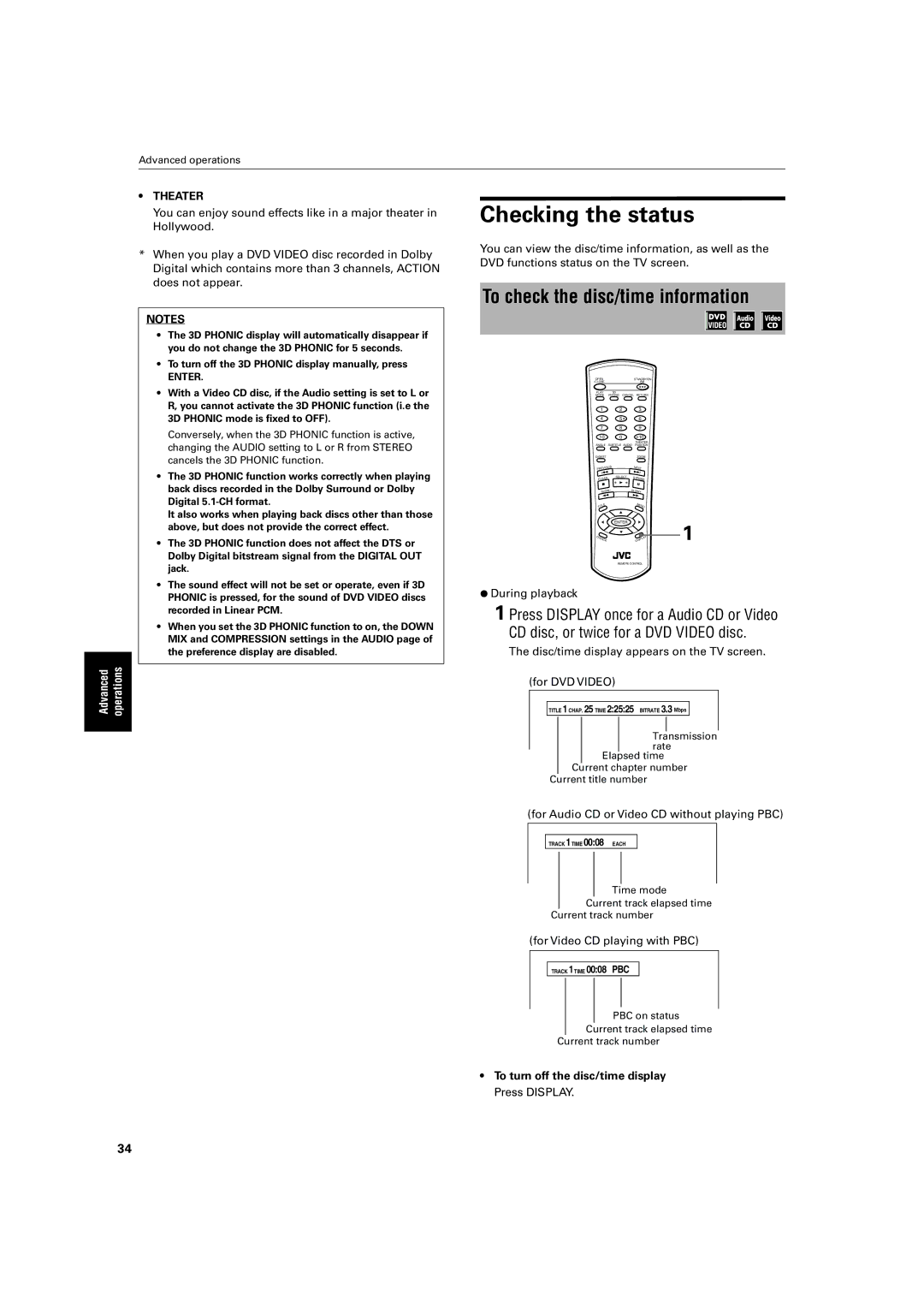 JVC XV-LTR1 manual Checking the status, To check the disc/time information, To turn off the disc/time display Press Display 