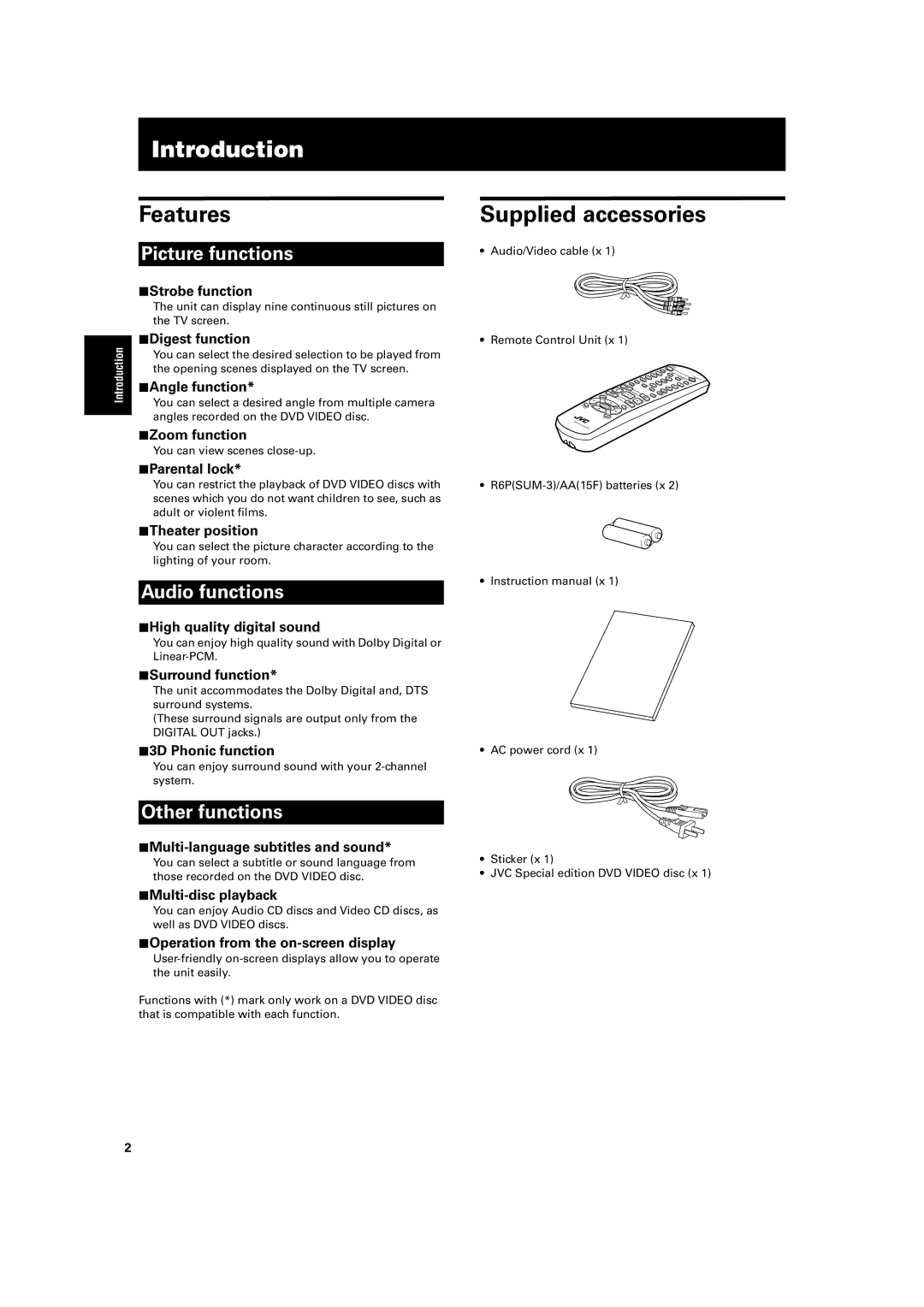 JVC XV-LTR1 manual Introduction, Features, Supplied accessories 