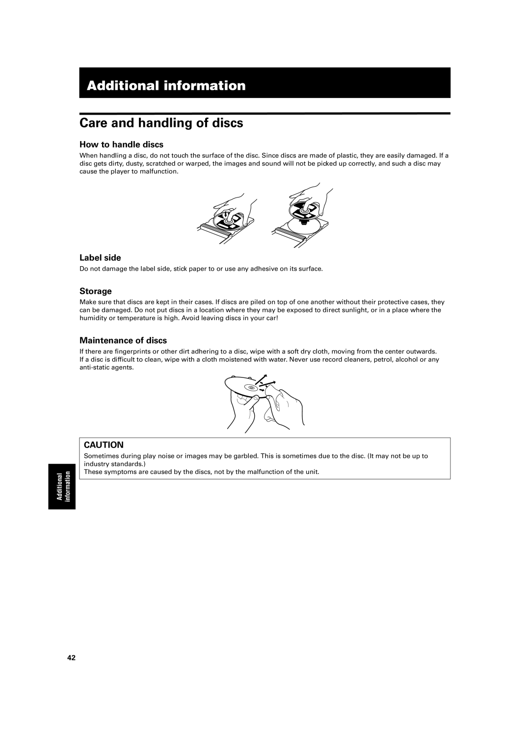 JVC XV-LTR1 manual Additional information, Care and handling of discs 