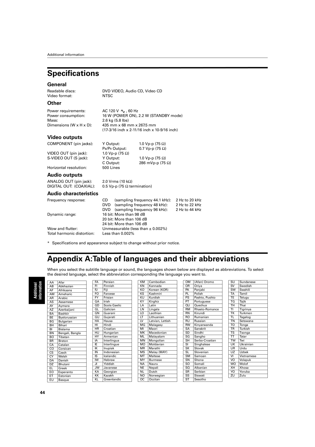 JVC XV-LTR1 manual Specifications, Appendix ATable of languages and their abbreviations 