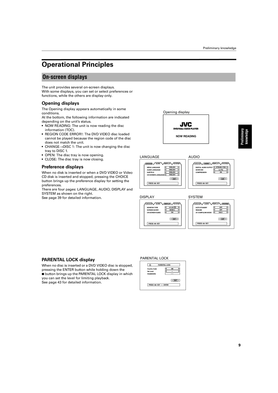 JVC XV-M52SL Operational Principles, On-screen displays, Opening displays, Preference displays, Parental Lock display 