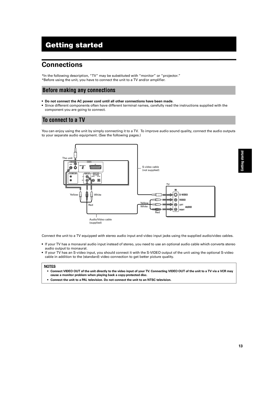 JVC XV-M52SL, XV-M50BK manual Getting started, Connections, Before making any connections, To connect to a TV 