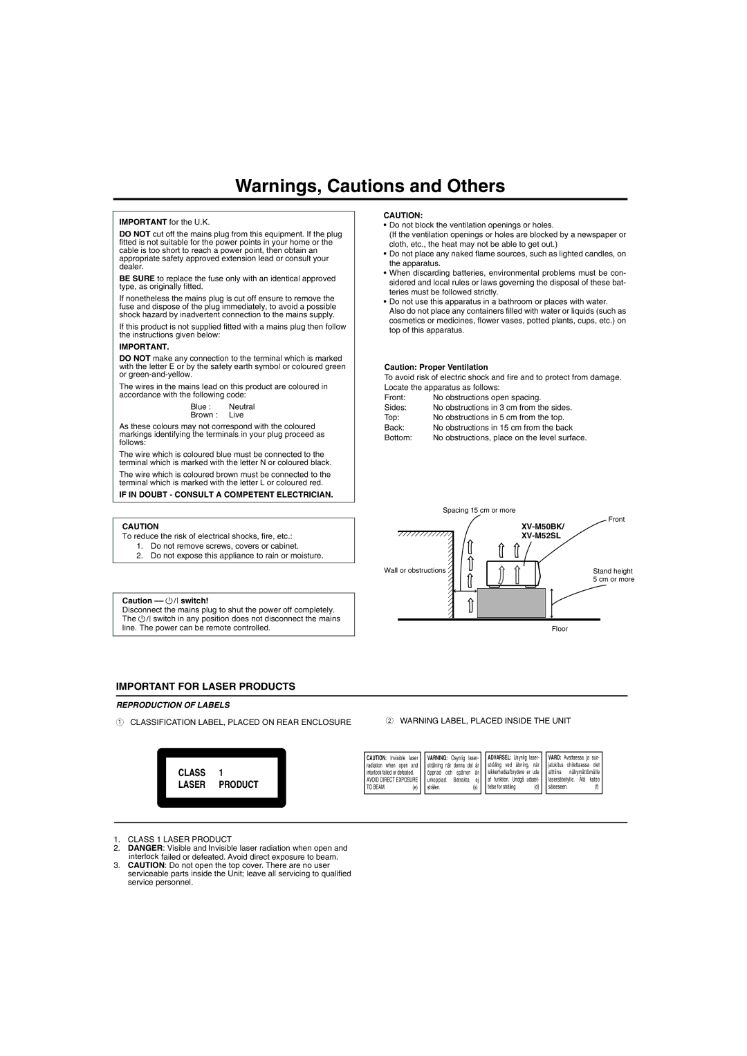 JVC XV-M50BK, XV-M52SL manual Important for Laser Products 