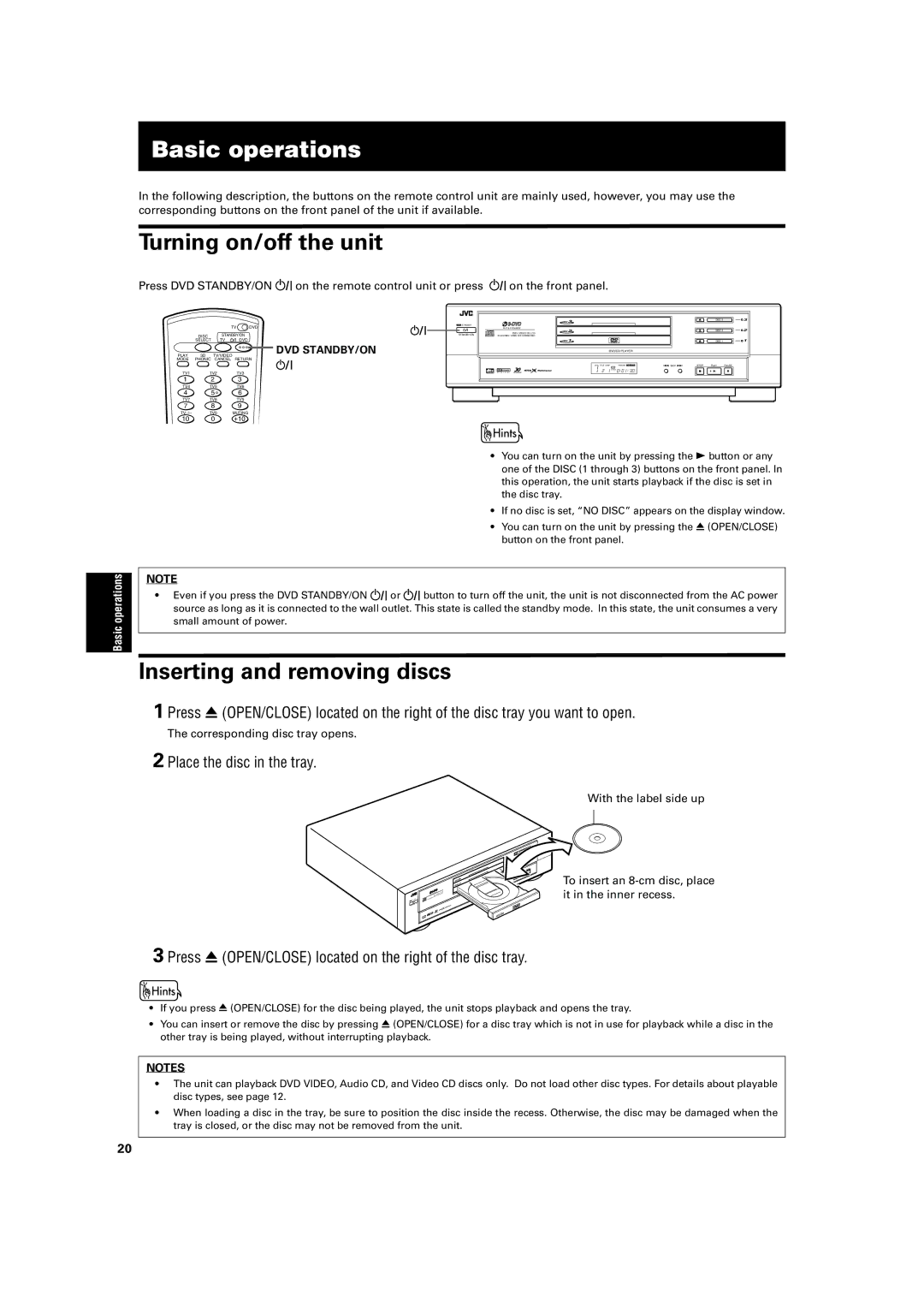 JVC XV-M50BK, XV-M52SL Basic operations, Turning on/off the unit, Inserting and removing discs, Place the disc in the tray 