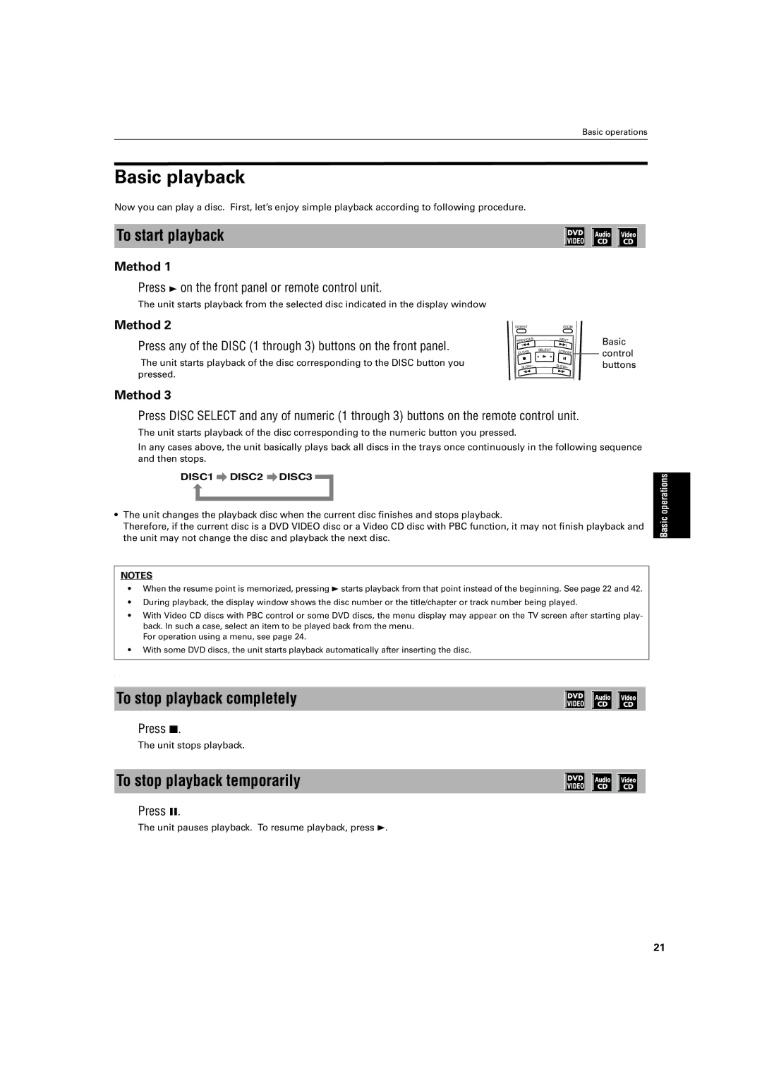 JVC XV-M52SL manual Basic playback, To start playback, To stop playback completely, To stop playback temporarily, Method 