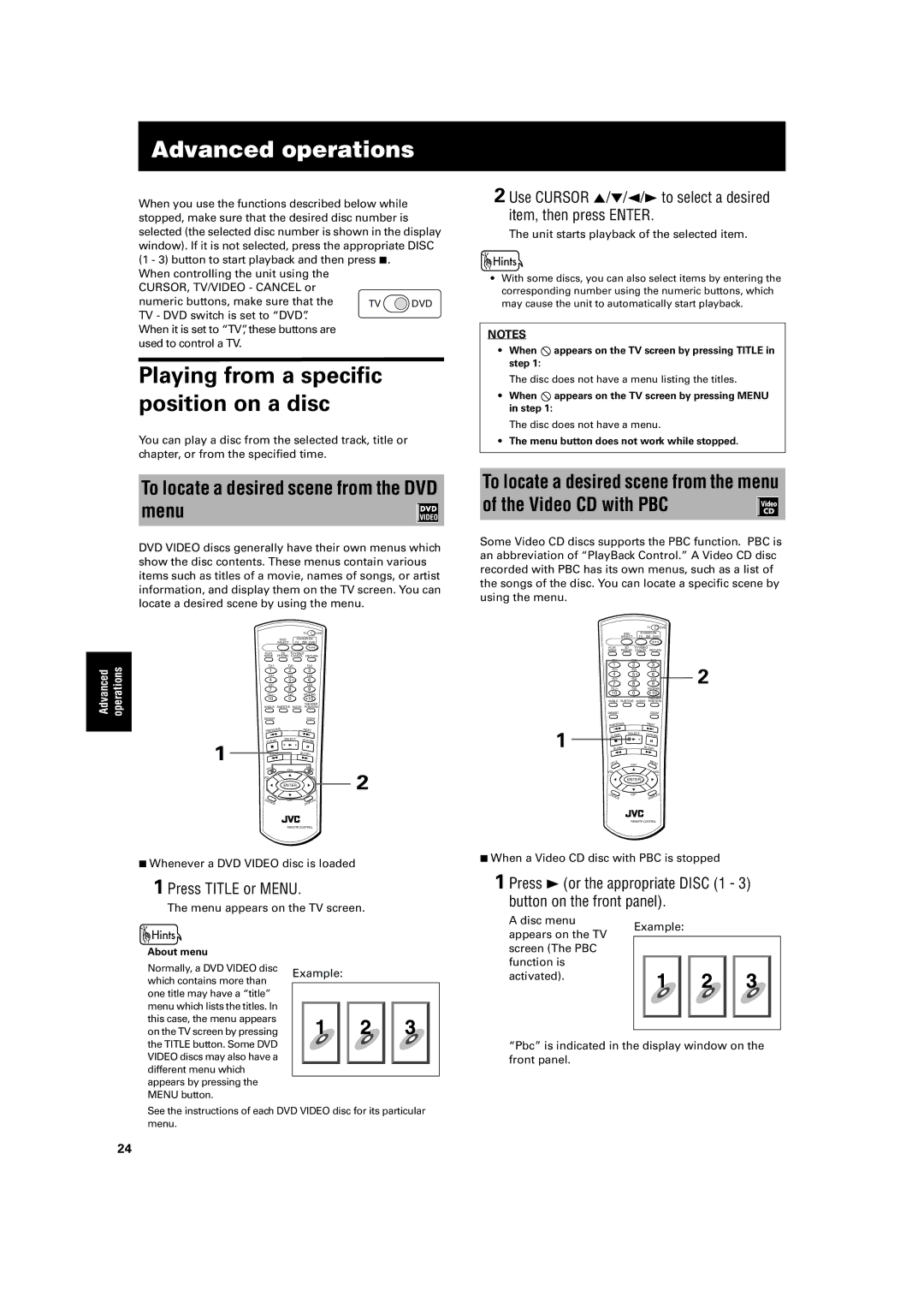 JVC XV-M50BK, XV-M52SL manual Advanced operations, To locate a desired scene from the DVD menu, Press Title or Menu, Example 