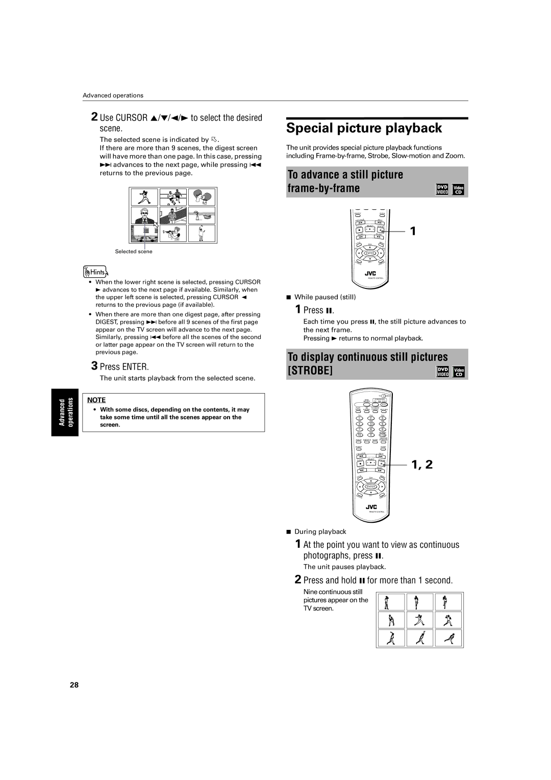 JVC XV-M50BK, XV-M52SL manual Special picture playback, Use Cursor 5/∞/2/3 to select the desired scene 