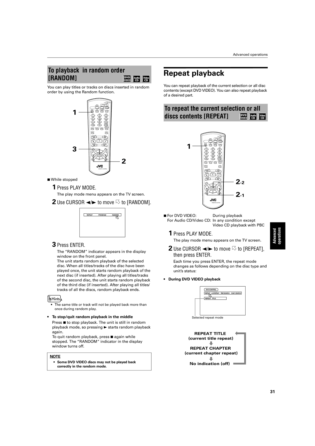 JVC XV-M52SL manual Repeat playback, To playback in random order Random, Use Cursor 2/3 to move to REPEAT, then press Enter 