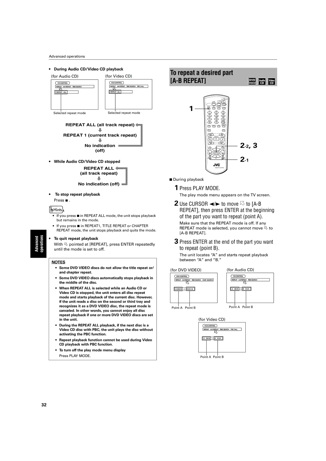 JVC XV-M50BK, XV-M52SL To repeat a desired part A-B Repeat, During Audio CD/Video CD playback, To quit repeat playback 